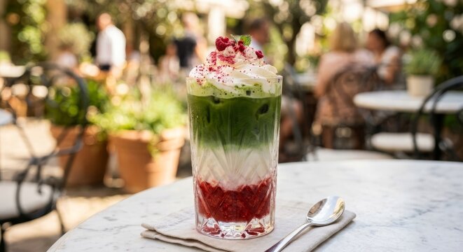 Iced matcha latte layered with milk and berry syrup topped with whipped cream and freeze dried raspberries served in elegant glass outdoors with soft bokeh background.