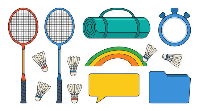 Badminton equipment and sports icons flat design