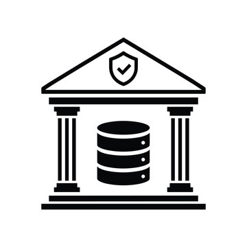 Data bank building icon with shield and database cylinder, black and white vector symbol for secure data storage and digital archive
