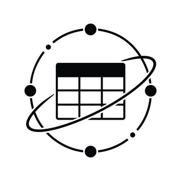 Data table orbit icon with grid and connected dots, black and white vector symbol for structured information and data driven network
