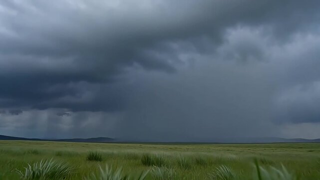 In a thunderstorm over the grasslands and open fields, lightning strikes cumulonimbus clouds, creating forked static filaments in the air that linger low and dissipate. 