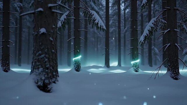 In the snow-covered coniferous forests of the Arctic, the faint glow of the Earth's magnetic field at night drifts across the snow's surface, while a pale blue glow lingers around the tree