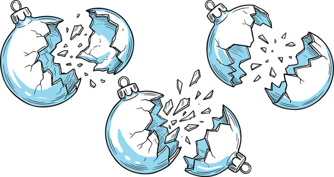 Broken glass Christmas baubles shattered into small sharp pieces hand drawn vector illustration set isolated on white