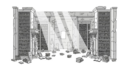 Ancient library ruins with towering bookshelves and statues © toni