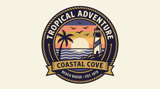 Tropical Adventure Coastal Cove Beach Badge Est 1979 Vintage Emblem.