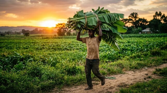 African farmer carrying a large bundle of fresh green banana leaves at sunset in a rural field