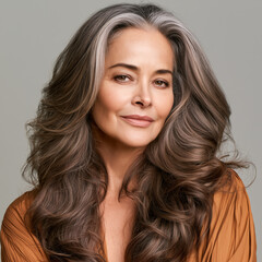 Fototapeta premium confident mature woman showcasing thick voluminous hair after professional treatment, luxury hair density improvement concept
