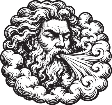 Greek God Blowing the Wind &ndash; Vintage Woodcut Engraving Vector Illustration