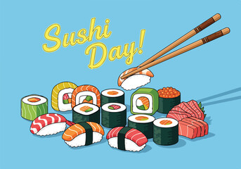 Colorful sushi assortment with chopsticks © Noris