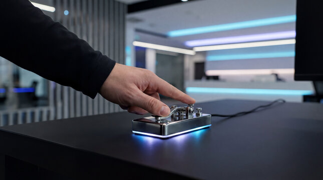 Modern Silver Morse Code Telegraph Key on Minimalist Black Desk with Glowing Light Pulses