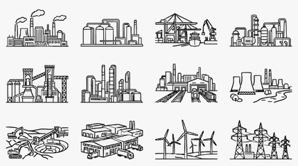 Obraz premium Corporate Industrial Infrastructure Icons Set Black and White Line Art Illustrations of Factories Power Plants Wind Farms and Logistics