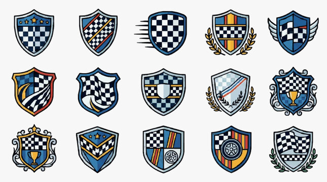 Corporate Racing Checkered Flag Emblem Collection 15 Unique Shield Designs with Speed Trophies and Motorsport Symbols in Blue Black White Gold and Red
