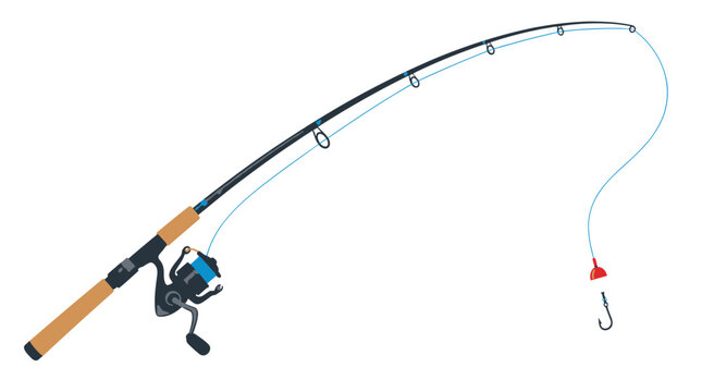 Angler at the ready with a fishing rod, reel, line, and colorful lure in a calm outdoor setting.