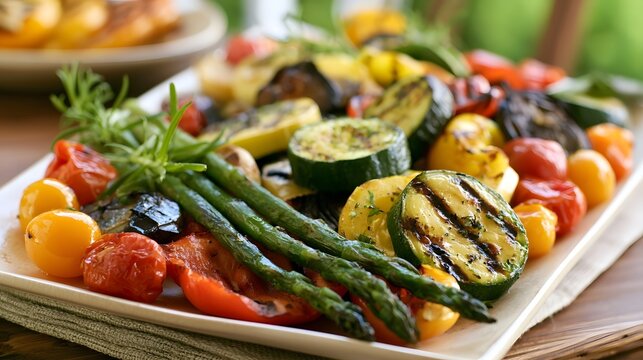 An inviting grilled vegetable platter rests on a linen napkin against a peaceful natural backdrop