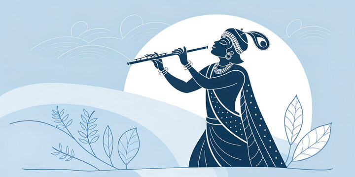 Minimal blue silhouette of Krishna playing flute artistic cultural background