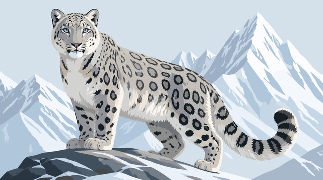 Majestic Snow Leopard Guarding a rocky slope in a snowy mountain landscape.