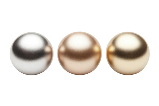 Three Smooth Metallic Gradient Spheres in Silver Rose Gold and Gold Tones on Black balls gradients, Isolated on Transparent Background