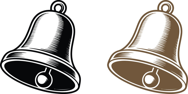 Bell icons, metallic bell shapes, silver and gold bells, illustration set