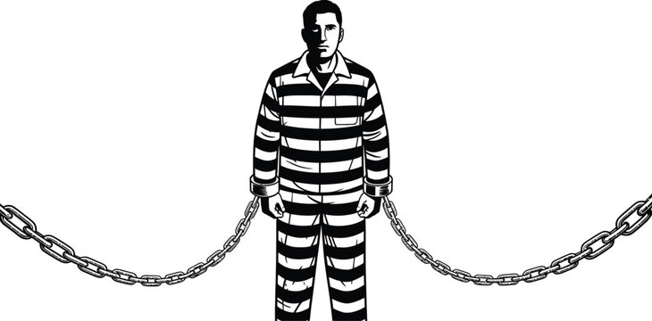 Prisoner in striped uniform, chained, black and white vector illustration, crime concept, jail inmate