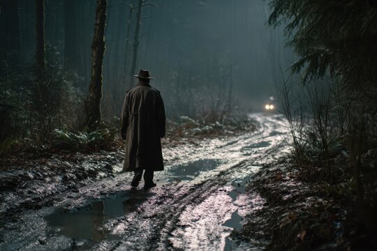 Detective follows fresh footprints along a muddy forest trail at dusk