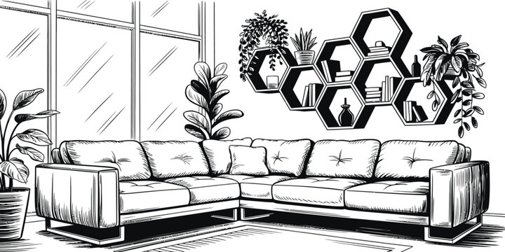 Modern living room, minimalist interior, black and white illustration, furniture design