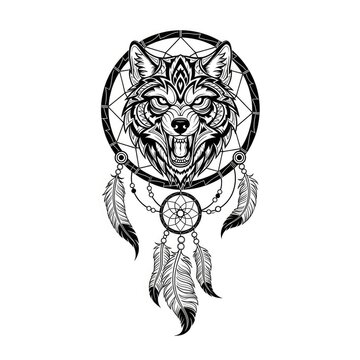 Angry wolf head dreamcatcher line art.