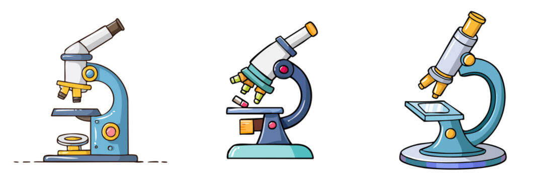 Set of stylized cartoon microscopes in various blue and teal colors for scientific exploration and research