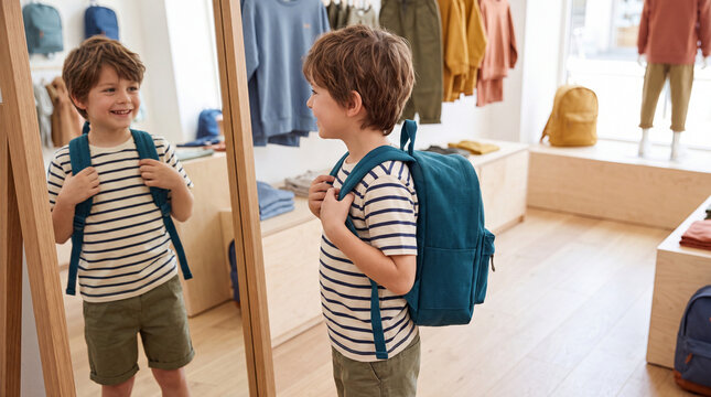 Child trying on a blue school backpack in front of a mirror in a bright store, creating a cheerful back to school shopping moment