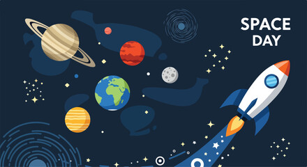 Vibrant illustration celebrating Space Day with planets, stars, and a rocket © Ridho