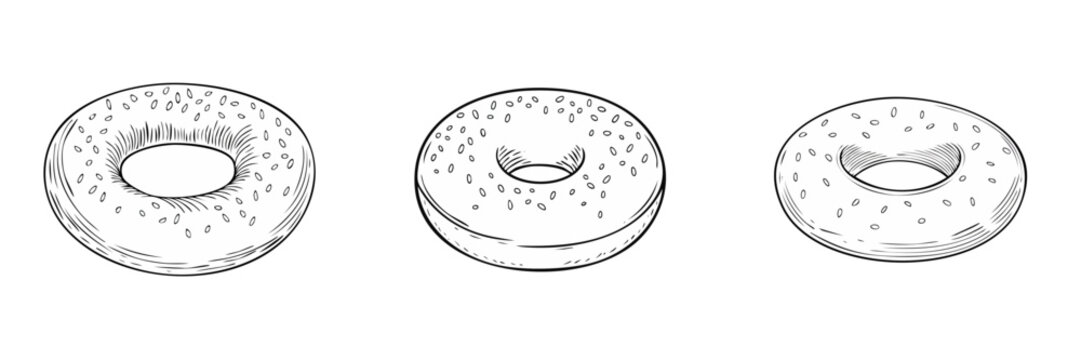Set of three round bagels with textured tops in a sketched monochrome style