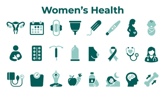 Comprehensive collection of icons representing women health awareness and medical care including reproductive health pregnancy and wellness concepts