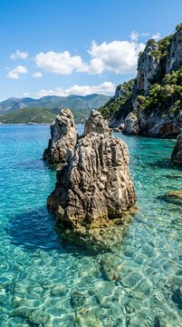 Rocky coastline with clear turquoise water and mountainous landscape