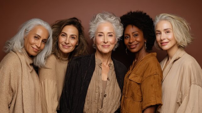 Elegant midlife women posing together in a bright studio backdrop with text-ready space on one side for messaging about aging gracefully
