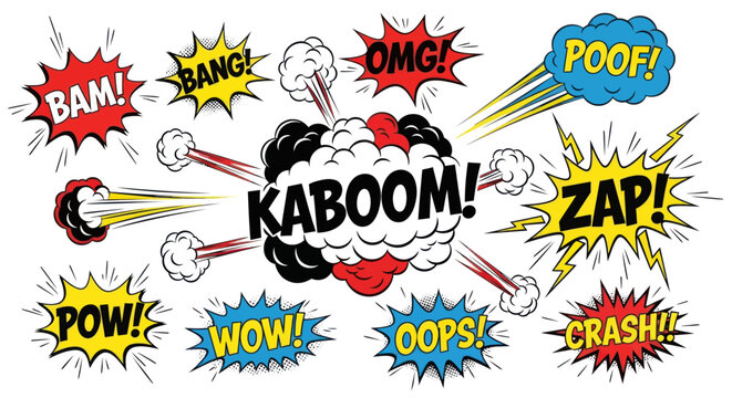 Comic book explosion with various sound effects surrounding a big KABOOM