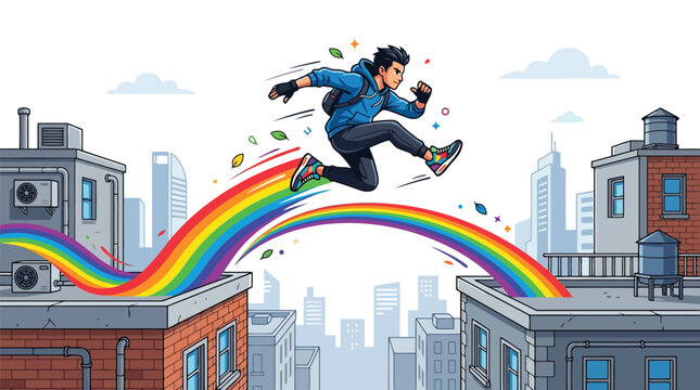 Man jumping over rainbow bridge between city buildings vector illustration
