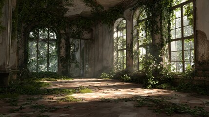Fototapeta premium Enchanting room behind ivy-clad windows in a ruined mansion
