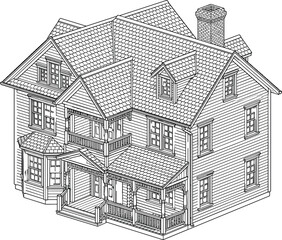 Fototapeta premium Detailed classic suburban residential house mansion architecture outline line art vector illustration isolated on white background