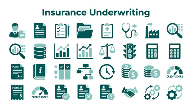Insurance Underwriting Icons Set Financial Risk Assessment Business Analysis and Management Concepts