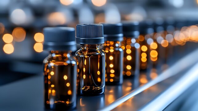 Row of amber glass bottles with black caps on pharmaceutical production line with warm bokeh lighting in background, suitable for healthcare, medicine, supplement and manufacturing industry visuals.