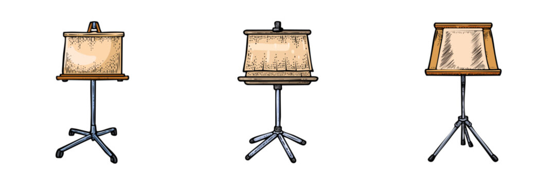 Set of three vintage artist easels with textured canvases on white background