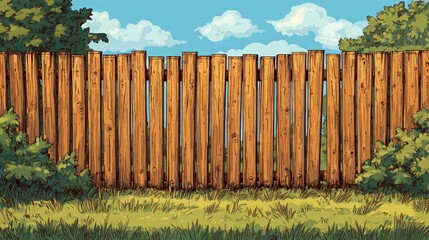 Fototapeta premium Simple cartoon wooden fence in a grassy yard.