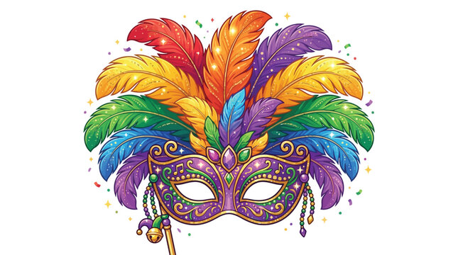 Elegant masquerade mask with colorful feathers and gold details