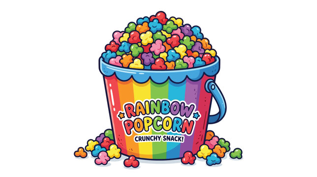 Bucket of crunchy rainbow popcorn with colorful kernels and branded label illustration design