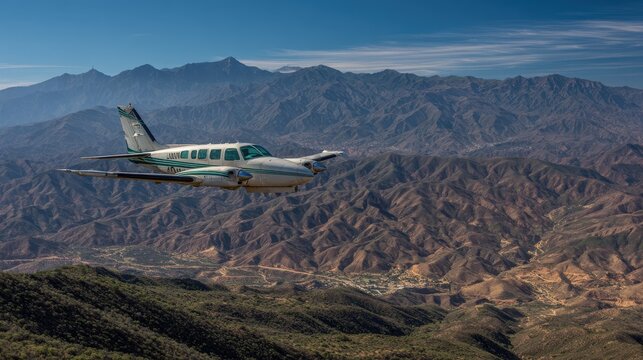 Small Twin-Engine Airplane Flying Over Mountainous Landscape in Clear Skies.