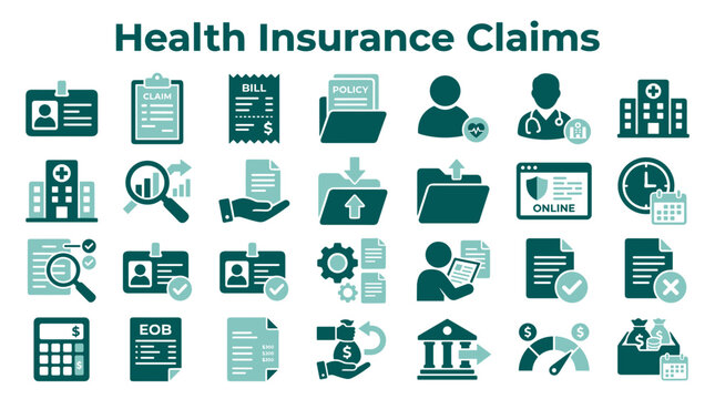 Health insurance claims processing and management icons collection showing medical services and financial transactions