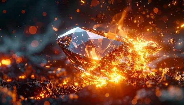 A radiant gem ablaze in fiery, molten surroundings, sparks flying