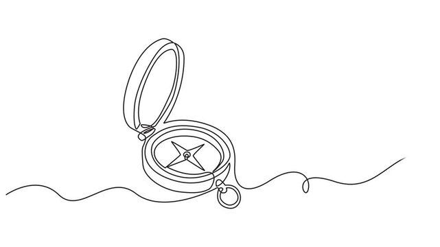 compass continuous one line drawing 4k video useful summer travel equipment tools provisions compass. Full length one line animation illustration.,Continuous one line compass art journey adventure ill