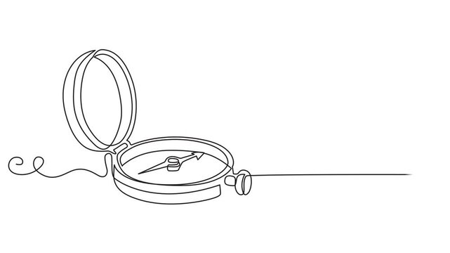 compass continuous one line drawing 4k video useful summer travel equipment tools provisions compass. Full length one line animation illustration.,Continuous one line compass art journey adventure ill