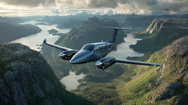 Small Twin-Engine Airplane Flying Over Mountainous Landscape in Clear Skies.