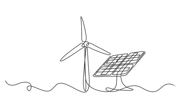Animated self drawing of Continuous one line drawing of wind turbines eco energy. simple wind turbines outline vector illustration, Wind alternative energy. Hilly terrain with generating.